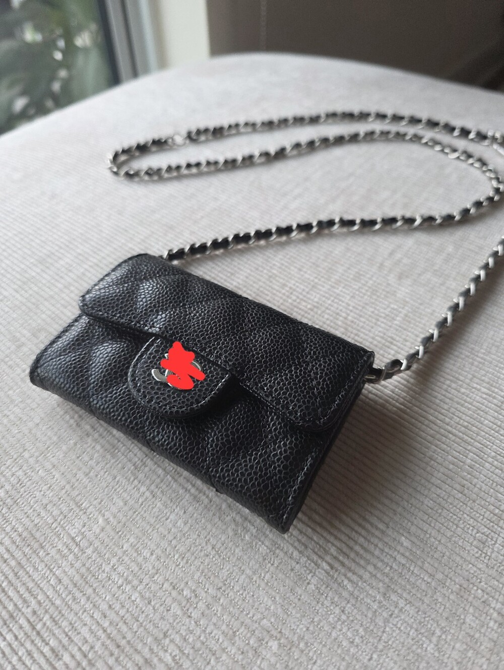 Black Quilted Mini Crossbody Wallet with Silver Chain Purse Bag Leather Clutch